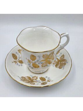 Crown Staffordshire Tea Cups and Saucer Gold Flowers Gray Accents Bone China